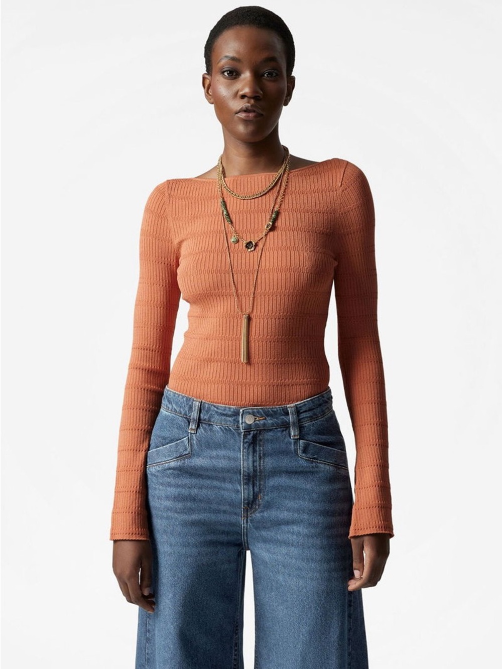 & Other Stories Knitted Boat-Neck Top S terracotta ribbed long sleeve